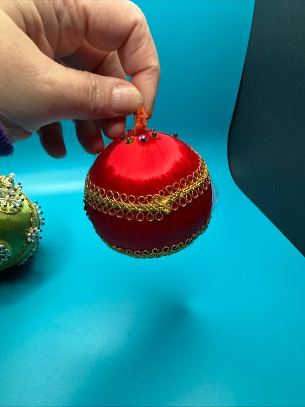 VTG Lot of 3 Push Pin Satin Beaded Jeweled Bulb Christmas Ornaments Red & Green